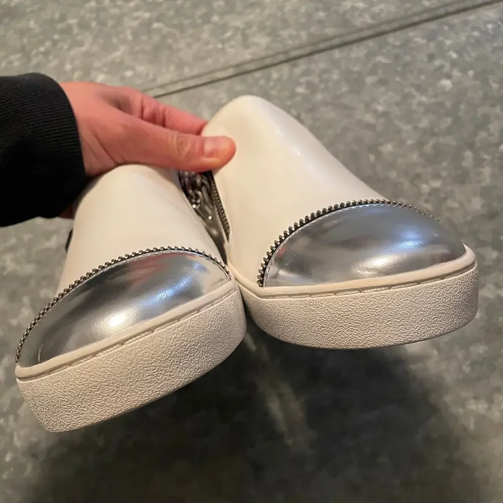 Michael Kors Grayson Slip On Leather Sneakers Shoes 8.5 White Metallic Gray Zip